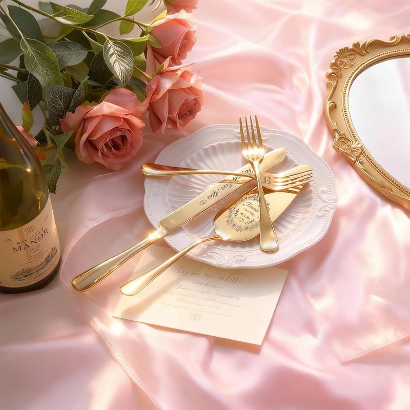 kingump 4 Piece Wedding Cake Cutting Set, Knife and Server with Forks, Elegant Wedding Cake Knife and Server Set for Bride and Groom(Gold) - Image 5
